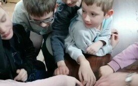 uczniowie dotykający ż&oacute;łwia