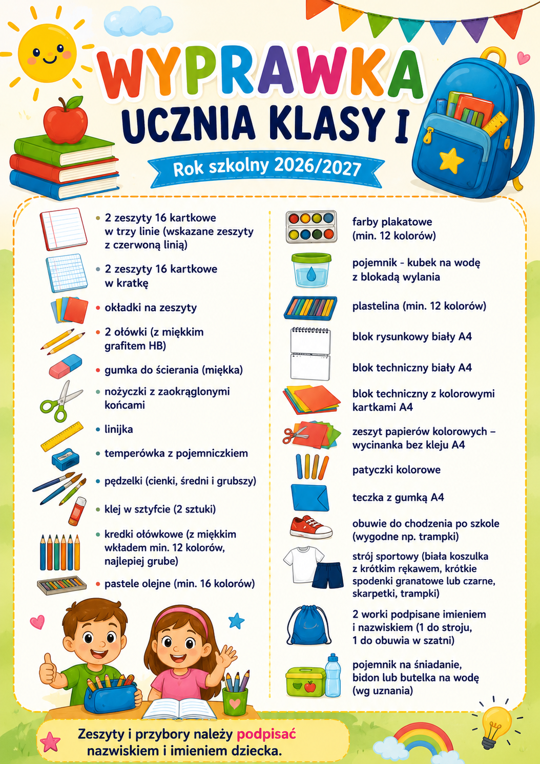 spis przybor&oacute;w dla pierwszoklasisty