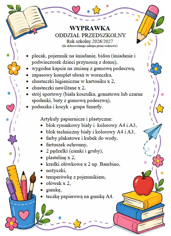 spis przybor&oacute;w dla przedszkolaka