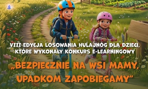 plakat przedstawiający chłopca i dziewczynkę w kaskach na hulajnogach